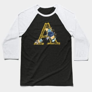 Monogram Letter A In Metallic Gold With Aesthetic Blue Flowers Botany Baseball T-Shirt